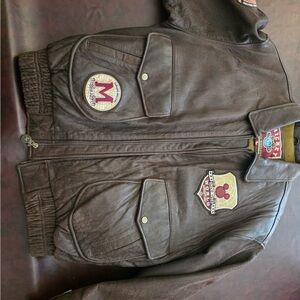 Disney Brown Leather Jacket with Mickey Patches
